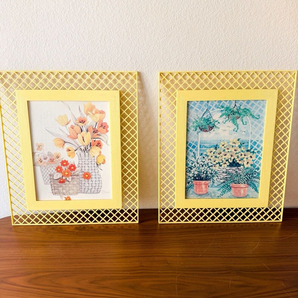 Set 2 Vintage 1970s Yellow Lattice Frames Floral Garden Art Prints MCM Decor
